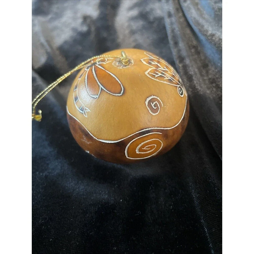 Hand Carved Gorde Peruvian Lucuma  Swirls & Dragonflies Christmas Ornament
